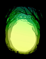 Naklejka premium round frame with trees, foliage, herbs and mushrooms, vector illustration