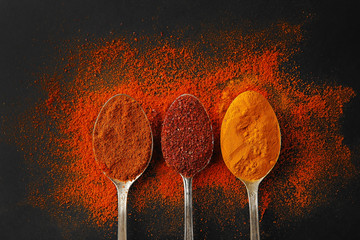 Spices in  spoons on a dark background