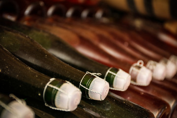 Obraz premium Bottles with wine in cellar, closeup