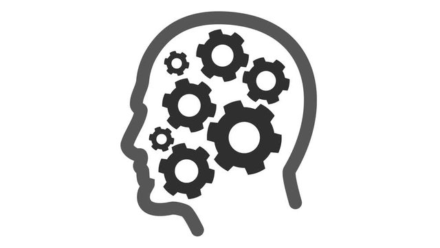 Cogs rotate inside human head. Brain Mechanics with spinning element. Available in 4K FullHD and HD video 2D render footage on white screen chroma key. Animation logo icon for yours presentation.