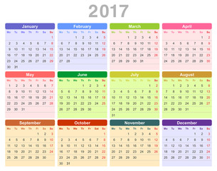2017 year annual calendar (Monday first, English)