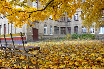 Autumn old courtyard with an old brick building and a bench under the yellow maple.