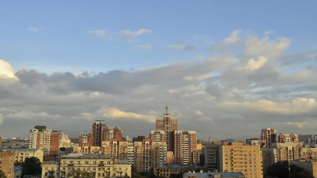Moving cloudscape over Moscow cityscape. Timelapse