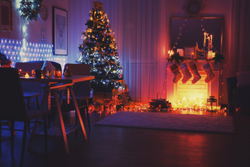 Interior of living room decorated for Christmas