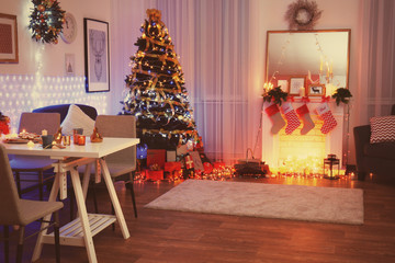 Interior of living room decorated for Christmas