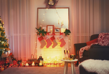 Interior of beautiful living room decorated for Christmas