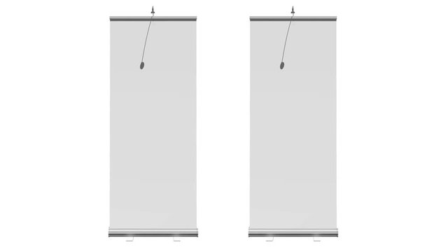 Blank Roll Up Banner Stands. Trade show booth white and blank. 3d motion graphic on white background. Available in 4K FullHD and HD video render footage. Alpha matte channel included.