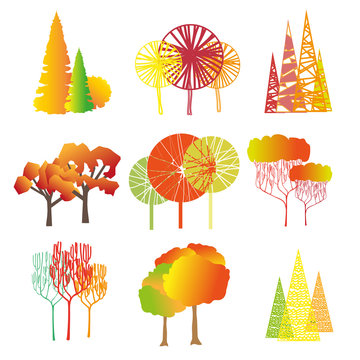 set of autumn trees. Graphically trees on a white background