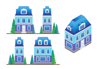 set of country house facades in a classical style with a loft and dormer windows.