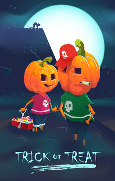 Halloween funny boys with the pumpkin heads.Trick-or-Treat vector illustration. Vector EPS10