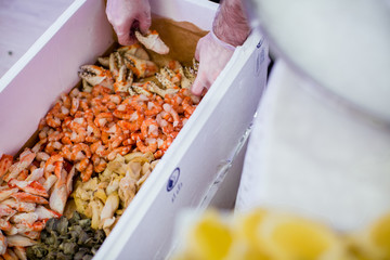 Man takes shrimps from a huge white box