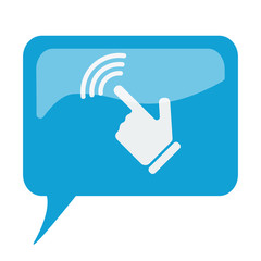 Blue speech bubble with white Touch Screen icon on white backgro