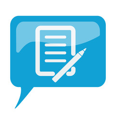 Blue speech bubble with white Pen And Paper icon on white backgr