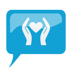 Blue speech bubble with white Heart care icon on white backgroun