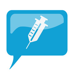 Blue speech bubble with white Syringe icon on white background
