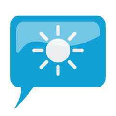 Blue speech bubble with white Sun icon on white background