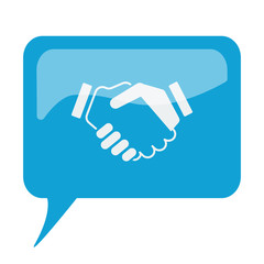 Blue speech bubble with white Handshake Agreement icon on white