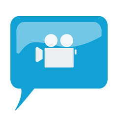 Blue speech bubble with white Video Camera icon on white backgro