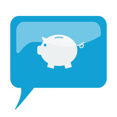 Blue speech bubble with white Piggy Bank icon on white backgroun