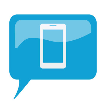 Blue speech bubble with white Mobile Phone icon on white backgro
