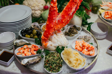 Squid lies between little round plates with shrimps and salads