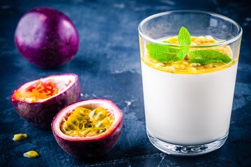 panna cotta dessert with passion fruit and mint