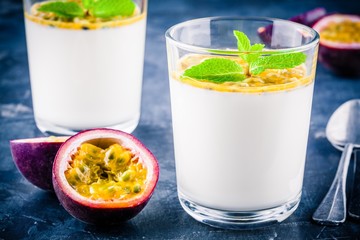 panna cotta dessert with passion fruit and mint