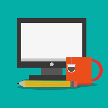 Computer pencil and mug icon. Office work supplies and objects theme. Colorful design. Vector illustration
