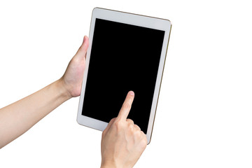 Close up hand woman holding tablet and touchscreen on isolated