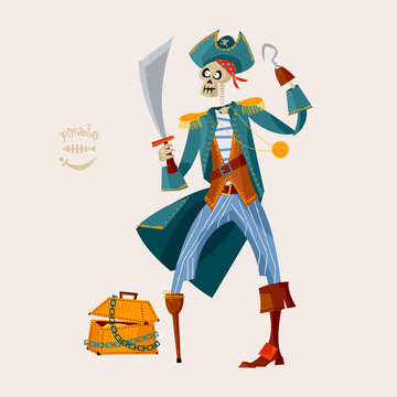 Skeleton Pirate and wooden chest with gold.