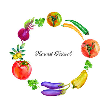 Watercolor vegetable tomato, olives, beets, chili pepper, eggplant, parsley hand drawn illustration isolated on white, round frame, wreath for design advertising harvest festival, farmers market