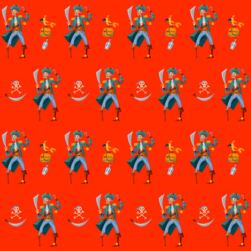 Skeleton Pirate, wooden chest with gold, parrot and Jolly Roger. Seamless background pattern