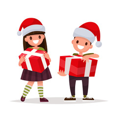Happy boy and girl with Christmas gifts. Vector illustration of