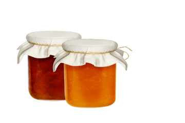 Jars of jam isolated on a white background. from fruits and berries.Strawberries apricots,peaches