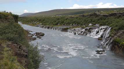 Hraunfossar falls and lava falls, Hvitá river, Iceland