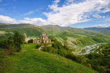 Obraz premium The early Christian Church in the mountains (North Caucasus, Russia). Sentinsky temple. Karachay-Cherkess Republic (Karachay-Cherkessia)