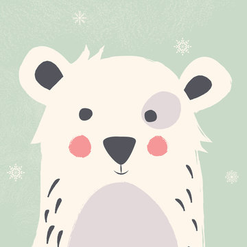 Cute polar bear with snowflakes on green background