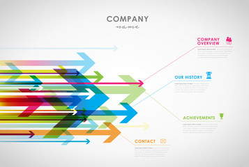Company infographic overview design template with arrows and ico