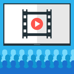 People at cinema and cinema screen with film frame. Audience watching movie concept. Flat design vector illustration