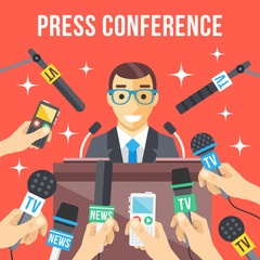 Press conference. Speaker standing at rostrum, many hands with microphones, recorders around him. Man giving public speech in front of mass media. Breaking news, live report. Flat vector illustration