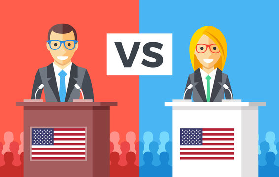 Presidential debates. Candidates at rostrums with United States flags. People silhouettes behind. Man and woman discussing politics. USA presidential elections concept. Flat design vector illustration