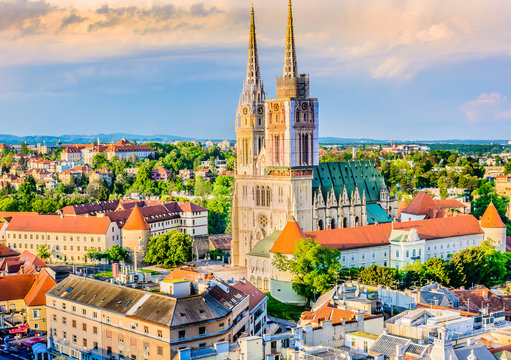 Zagreb cathedral aerial view. / Aerial view on cathedral in Zagreb city, capital town of Croatia, european landmarks.