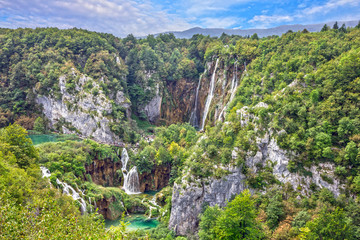 Croatia Waterfall of Plitvice lake, natural travel background