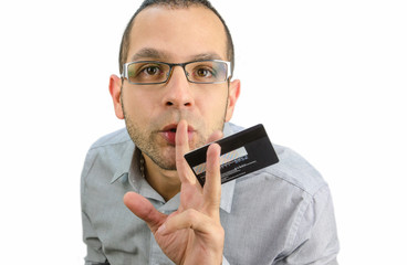 Man showing credit card and looking at the camera, a man pointin