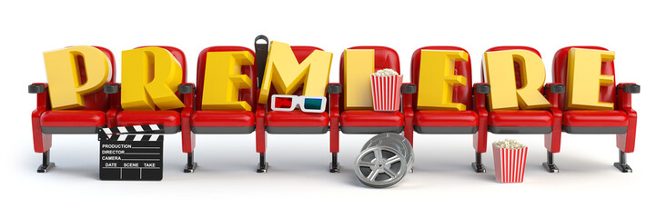Obraz premium Premiere. Cinema, movie video concept. Row of seats with popcorm