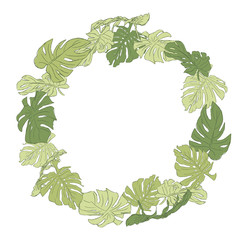 green monstera plant frame on white background, botanical wreath
