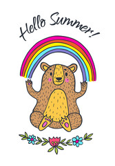 Hello Summer card with bear character and rainbow.