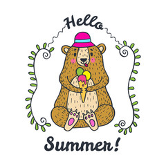 Hello Summer card with bear character and ice cream.