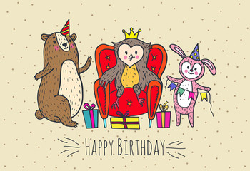 Happy birthday card with animal characters.