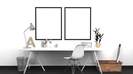 Workshop Interior Mock Up With 2 Frames, Home studio, Contemporary, White Wall, Modern Furniture, 3D rendering